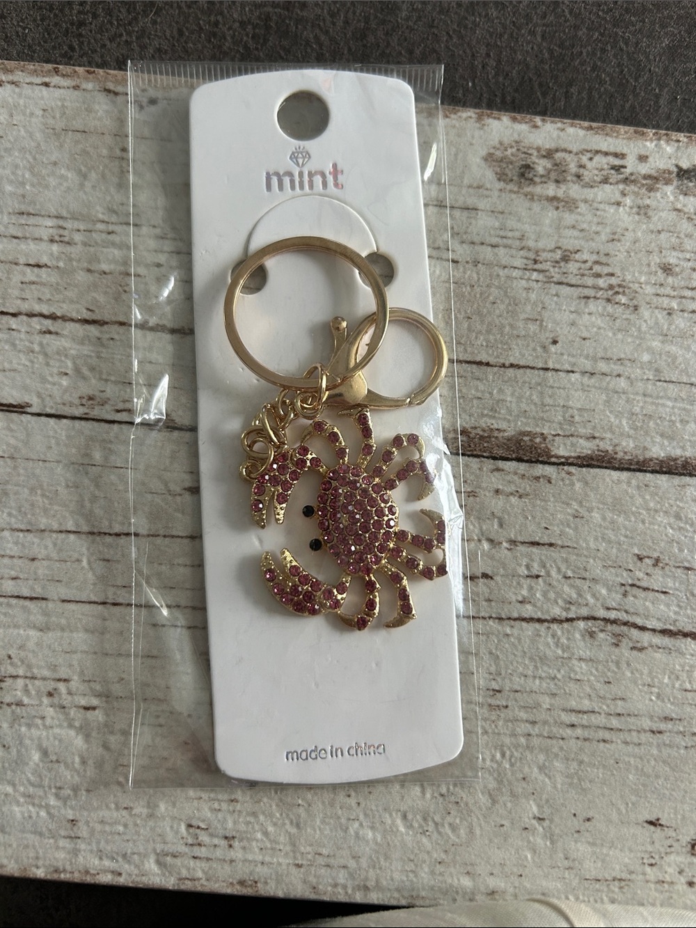 5/)25 mint Gold Crab Keychain with Pink Crystals